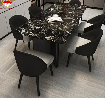 Modern Polished Black Rose Marble Big Slab Set de mesa de comedor para diseño de villas y hoteles
