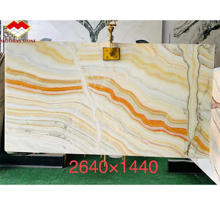Diseño de muebles de mesa de hotel con piedra natural libro coincidente arco iris ónix losa de mármol