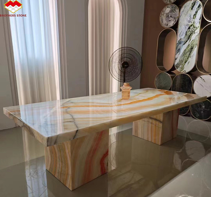 Diseño de muebles de mesa de hotel con piedra natural libro coincidente arco iris ónix losa de mármol