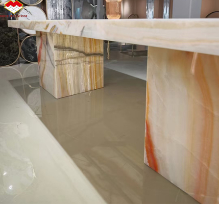 Diseño de muebles de mesa de hotel con piedra natural libro coincidente arco iris ónix losa de mármol