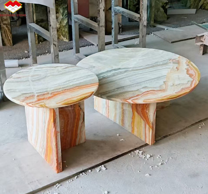 Diseño de muebles de mesa de hotel con piedra natural libro coincidente arco iris ónix losa de mármol