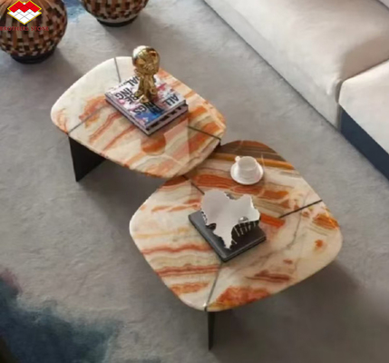 Diseño de muebles de mesa de hotel con piedra natural libro coincidente arco iris ónix losa de mármol
