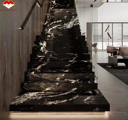 Pluma de Fénix Natural Moderno Oro Negro Escalera de piedra de mármol Pisos de azulejos Gran pizarra