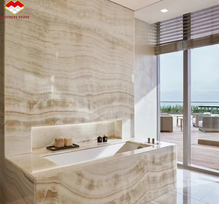 Paneles de pared y encimera de ónix con luz de fondo pulida en piedra blanca moderna en forma de tabla grande