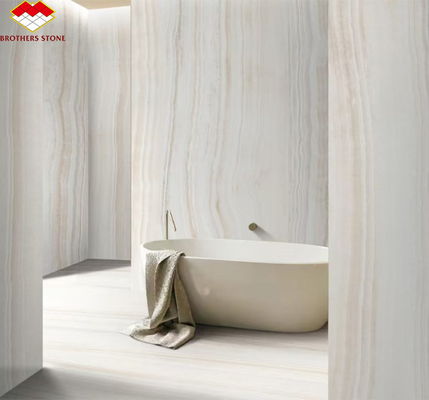 Panel de pared de baño de hotel de diseño moderno con luz de fondo piedra natural mármol de ónix blanco