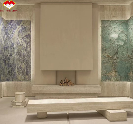 Material moderno Travertino beige con piedra natural bien pulida para azulejos de revestimiento de paredes