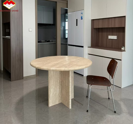 Mesa de comedor de travertino redonda y beige pulida Muebles de piedra moderna para el salón