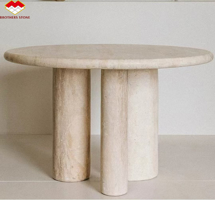 Mesa de comedor de travertino redonda y beige pulida Muebles de piedra moderna para el salón
