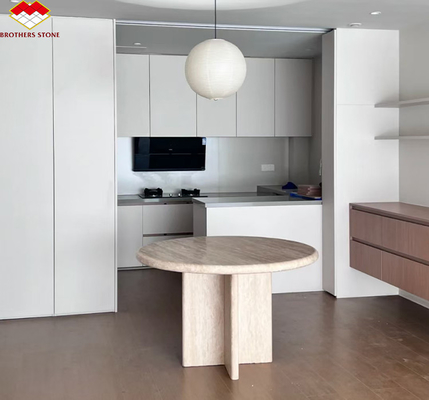 Mesa de comedor de travertino redonda y beige pulida Muebles de piedra moderna para el salón