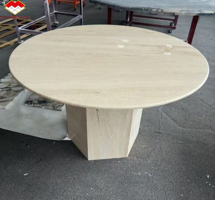 Mesa de comedor de travertino redonda y beige pulida Muebles de piedra moderna para el salón