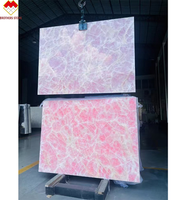 Teja de piso de mesa de encimera de ónix rosa, losa de mármol con luz de fondo, de la Edad de Hielo natural, de jade rosa