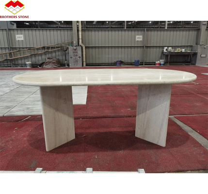 Hoteles de mármol travertino laja mesa de comedor pulida Muebles ovalados de piedra natural moderna