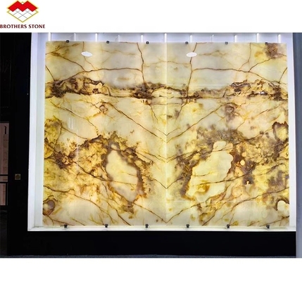 Lámina de mármol de ónix blanco translúcido de lujo pulido a medida para el panel de arte de pared de la villa