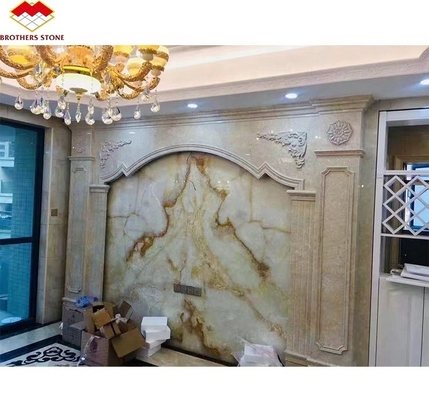Lámina de mármol de ónix blanco translúcido de lujo pulido a medida para el panel de arte de pared de la villa