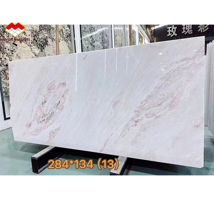 Piedra de mármol natural rosa arcoíris pulida para mesa de comedor moderna en hoteles y villas