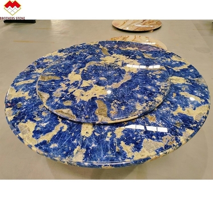 Tabla de comedor moderna de mármol de calcita con cuenca de piedra azul boliviana translúcida