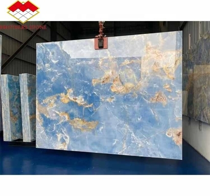 Piedra de mármol de ónix natural translúcida de ónix azul moderno para paredes y suelos de baño