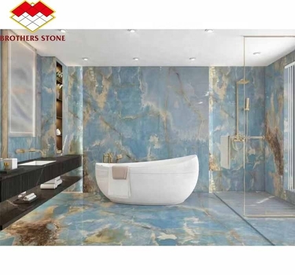 Piedra de mármol de ónix natural translúcida de ónix azul moderno para paredes y suelos de baño