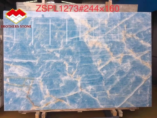 Lámina de ónix de mármol azul claro de jade para azulejos personalizados cortados a medida Venas de oro