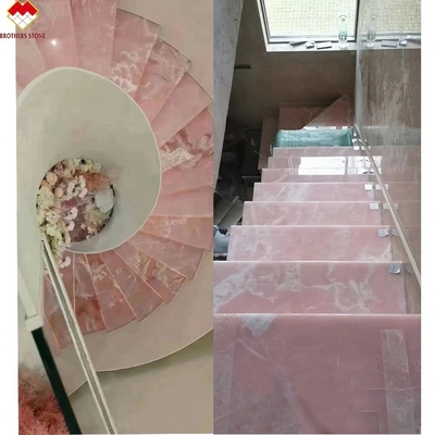 Tijeras de porcelana de ónix rosa retroiluminadas de diseño geométrico rosa claro losas de mesa rosa precio al por mayor escaleras de ónix rosa translúcidas