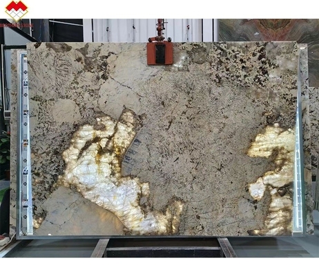 Diseño Moderno Proveedor Dorado Iluminación de fondo Pulida Patagonia Pandora Quartzita Veneer Slab Cristal Blanco Ónix Piedra Translúcida