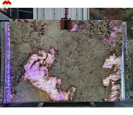 Diseño Moderno Proveedor Dorado Iluminación de fondo Pulida Patagonia Pandora Quartzita Veneer Slab Cristal Blanco Ónix Piedra Translúcida