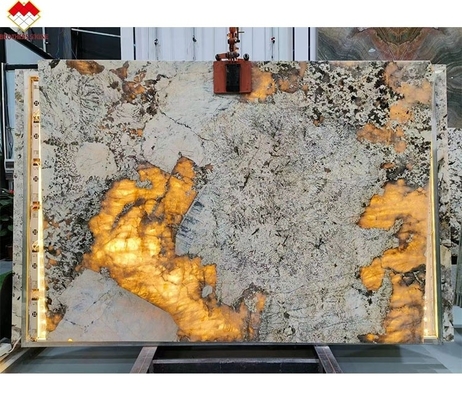 Diseño Moderno Proveedor Dorado Iluminación de fondo Pulida Patagonia Pandora Quartzita Veneer Slab Cristal Blanco Ónix Piedra Translúcida