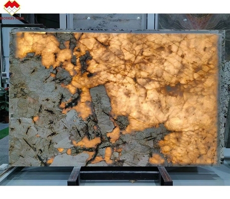 Diseño Moderno Proveedor Dorado Iluminación de fondo Pulida Patagonia Pandora Quartzita Veneer Slab Cristal Blanco Ónix Piedra Translúcida