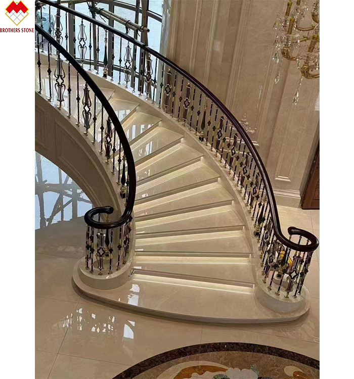 Moderno Anti-deslizante Beige de mármol Waterjet escalones y pisos para villas escalera en espiral
