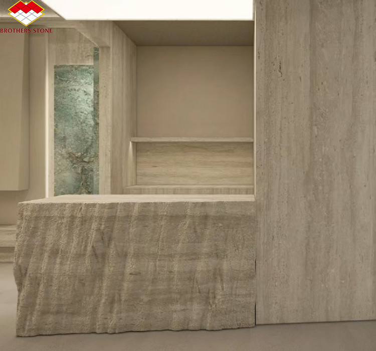 Material moderno Travertino beige con piedra natural bien pulida para azulejos de revestimiento de paredes
