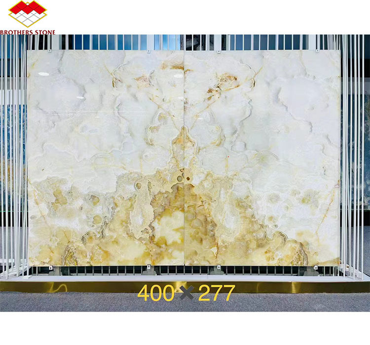 Lámina de mármol de ónix blanco translúcido de lujo pulido a medida para el panel de arte de pared de la villa