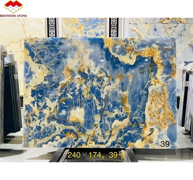 Bloques de piedra de ónix azul dorado mármol translúcido natural para el fondo de la televisión paneles de pared