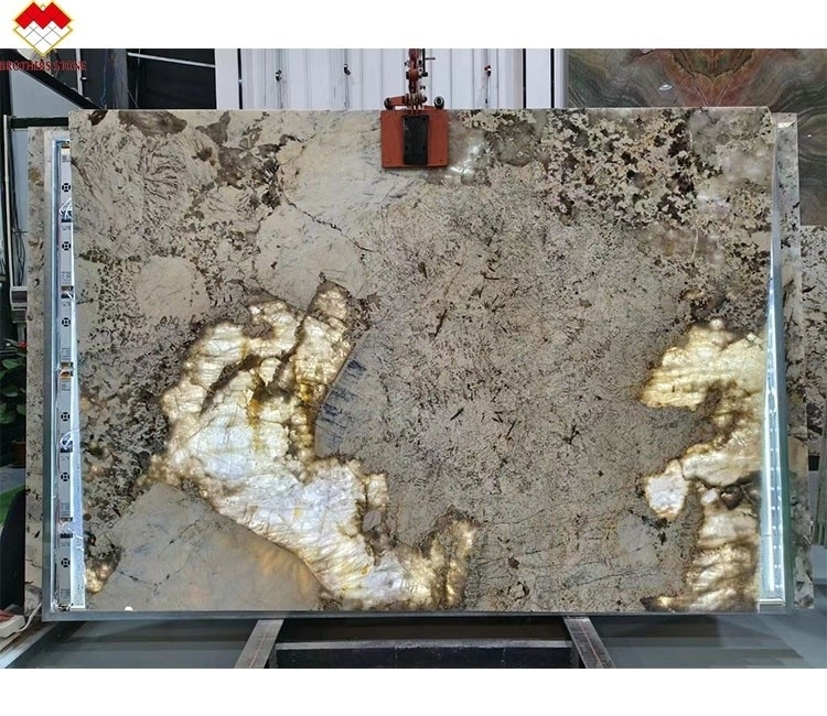 Diseño Moderno Proveedor Dorado Iluminación de fondo Pulida Patagonia Pandora Quartzita Veneer Slab Cristal Blanco Ónix Piedra Translúcida